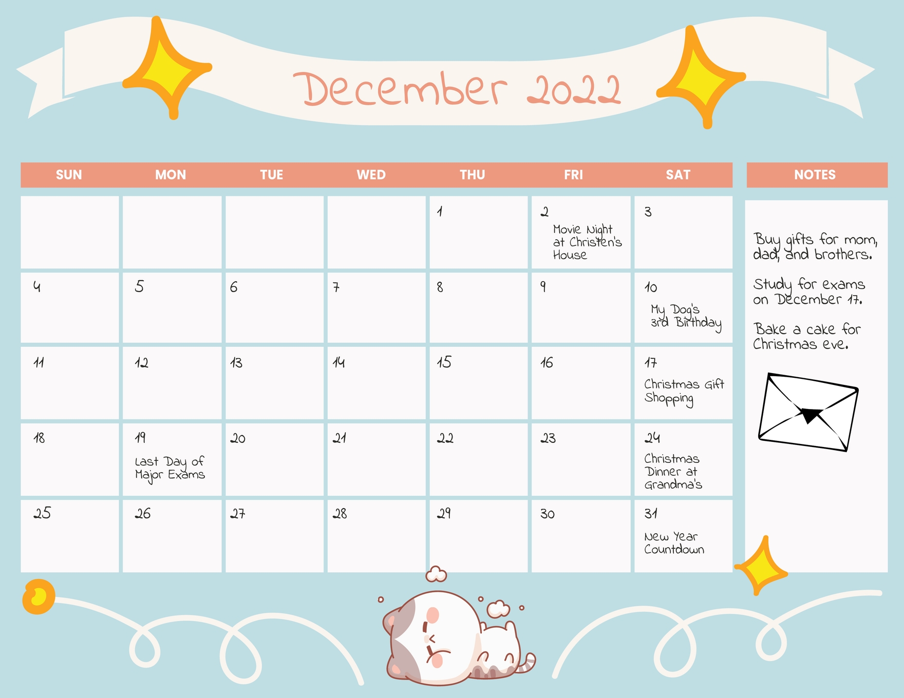 Cute December 2022 Calendar Template In PSD Illustrator Word 