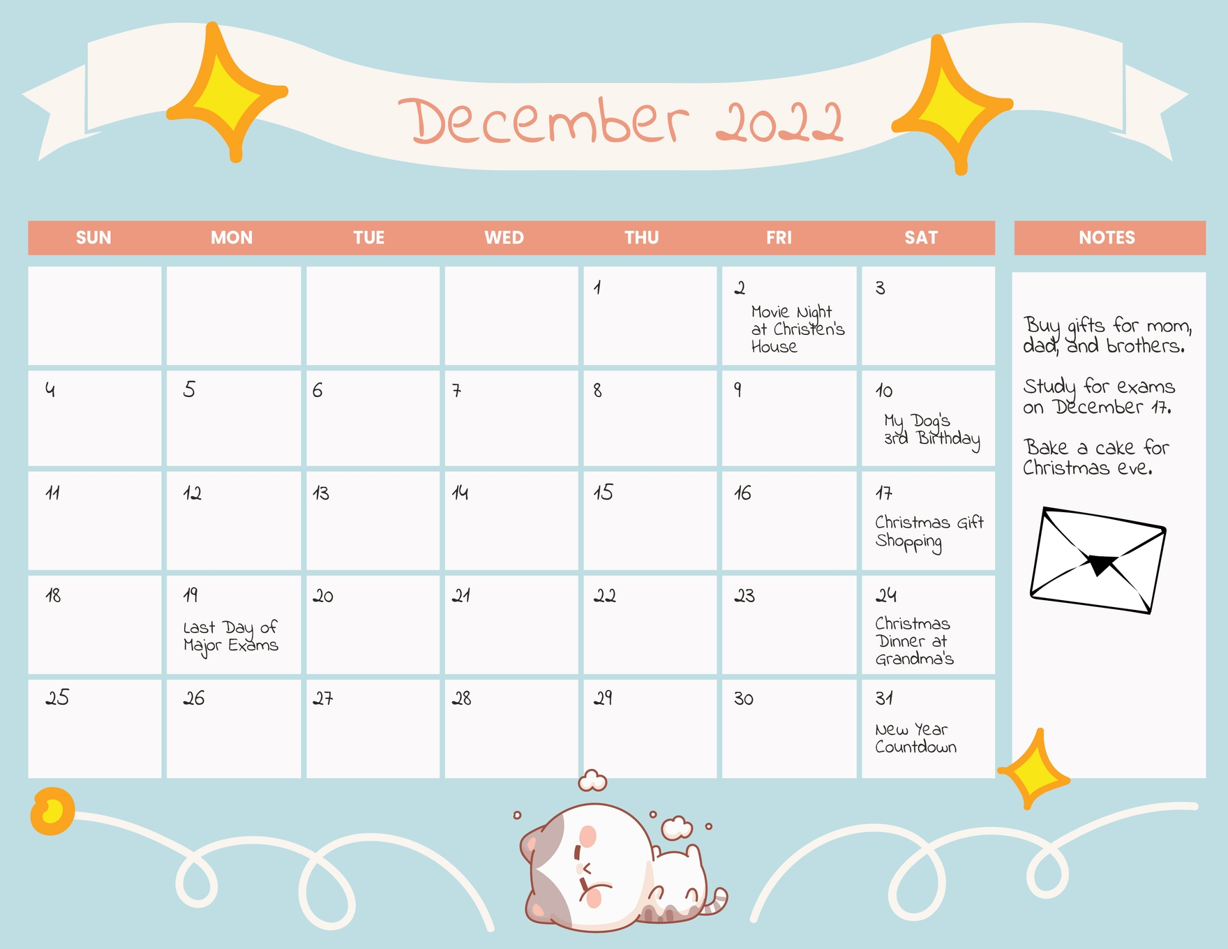 Cute December 2022 Calendar Template Illustrator Word PSD 