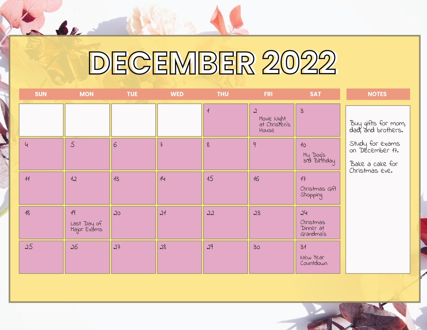 Floral December 2022 Calendar Template in Word, Illustrator, PSD