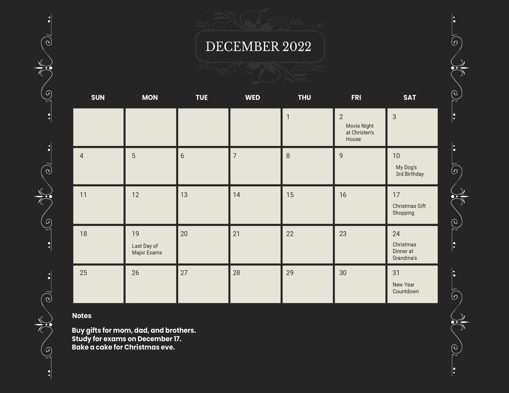 Free Fancy December 2022 Calendar