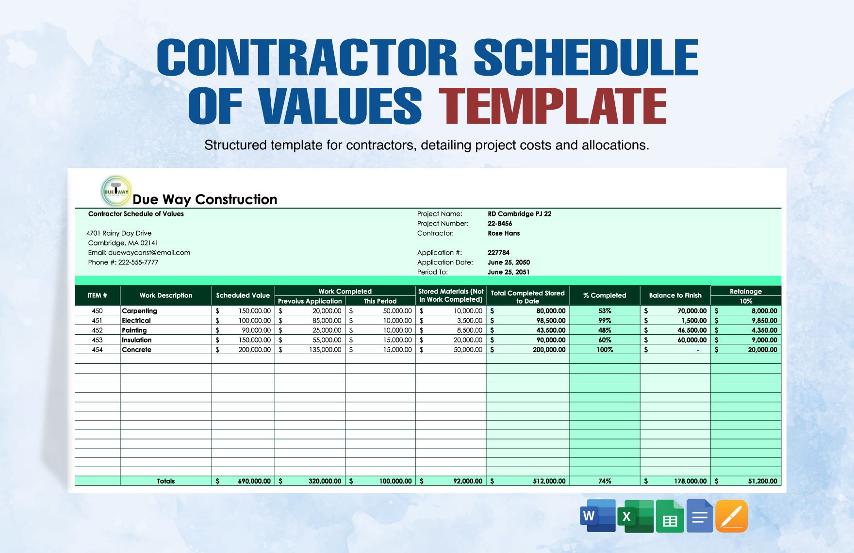 Contractor Schedule Of Values Template in Word, Google Docs, Excel, Google Sheets, Apple Pages