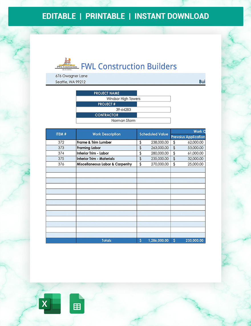 Schedule Of Values Template Free