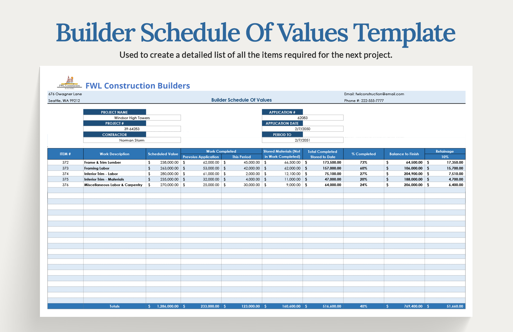 Builder Schedule Of Values Template