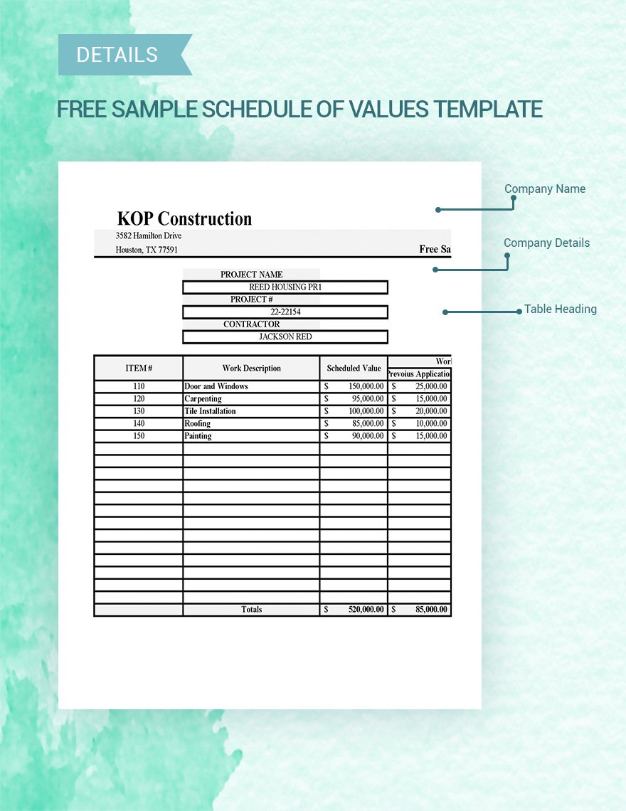 Free Sample Schedule Of Values Template Google Sheets Excel