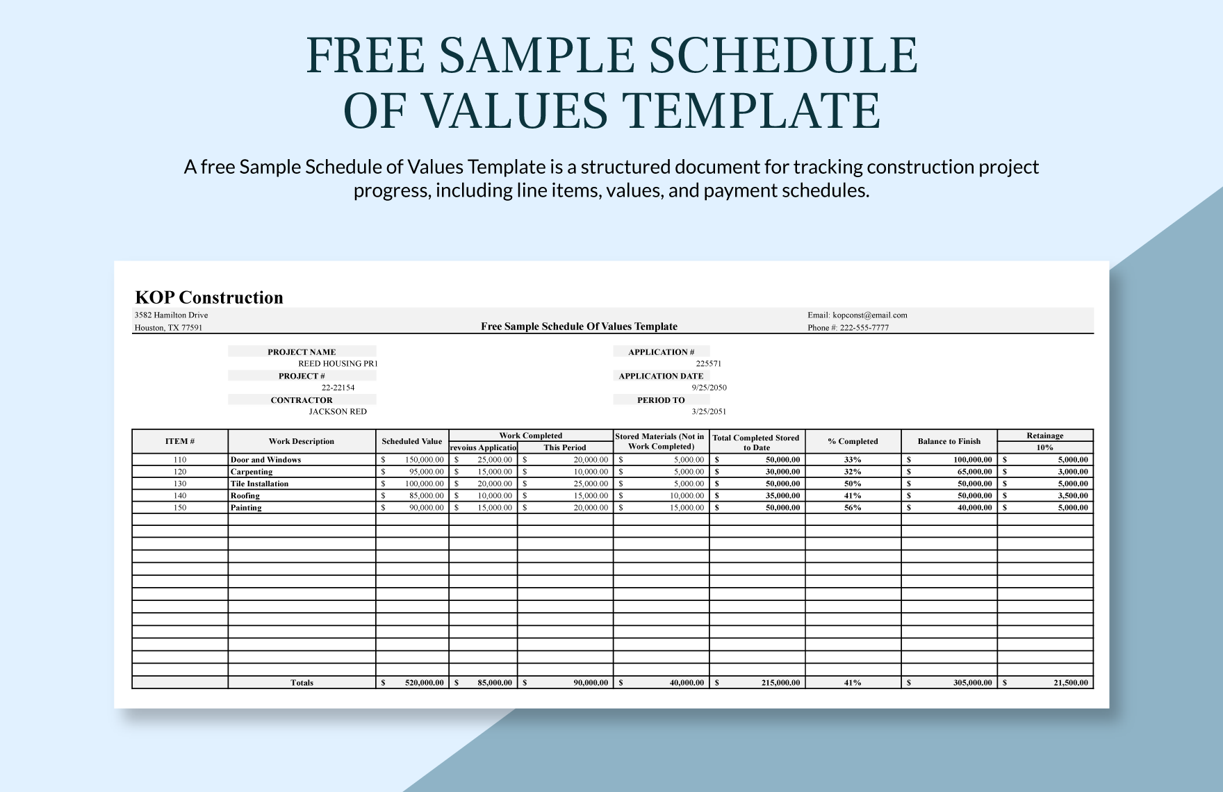 Schedule Of Value Template