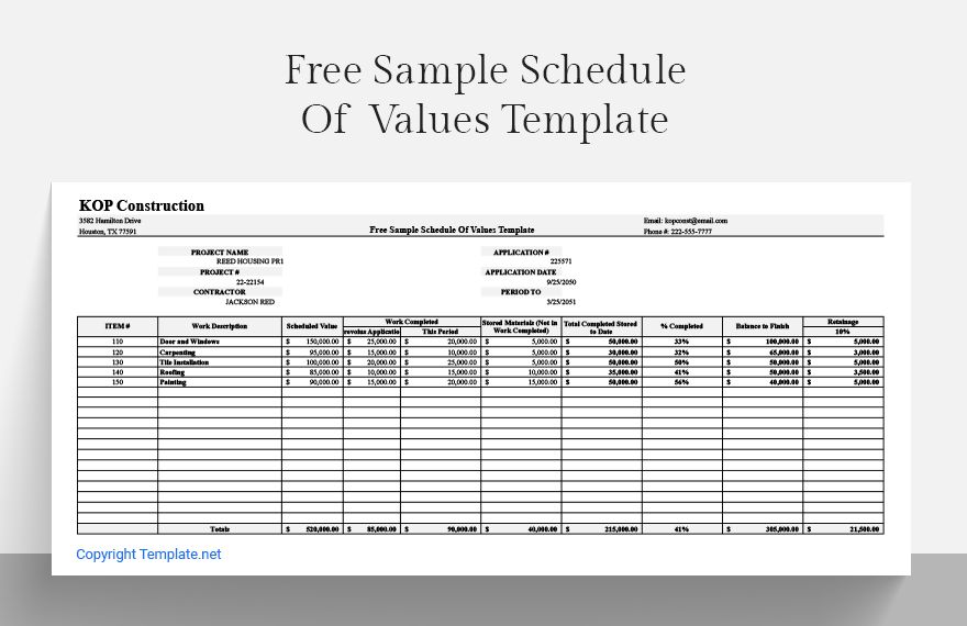 Free Sample Schedule Of Values Template Google Docs Google Sheets 