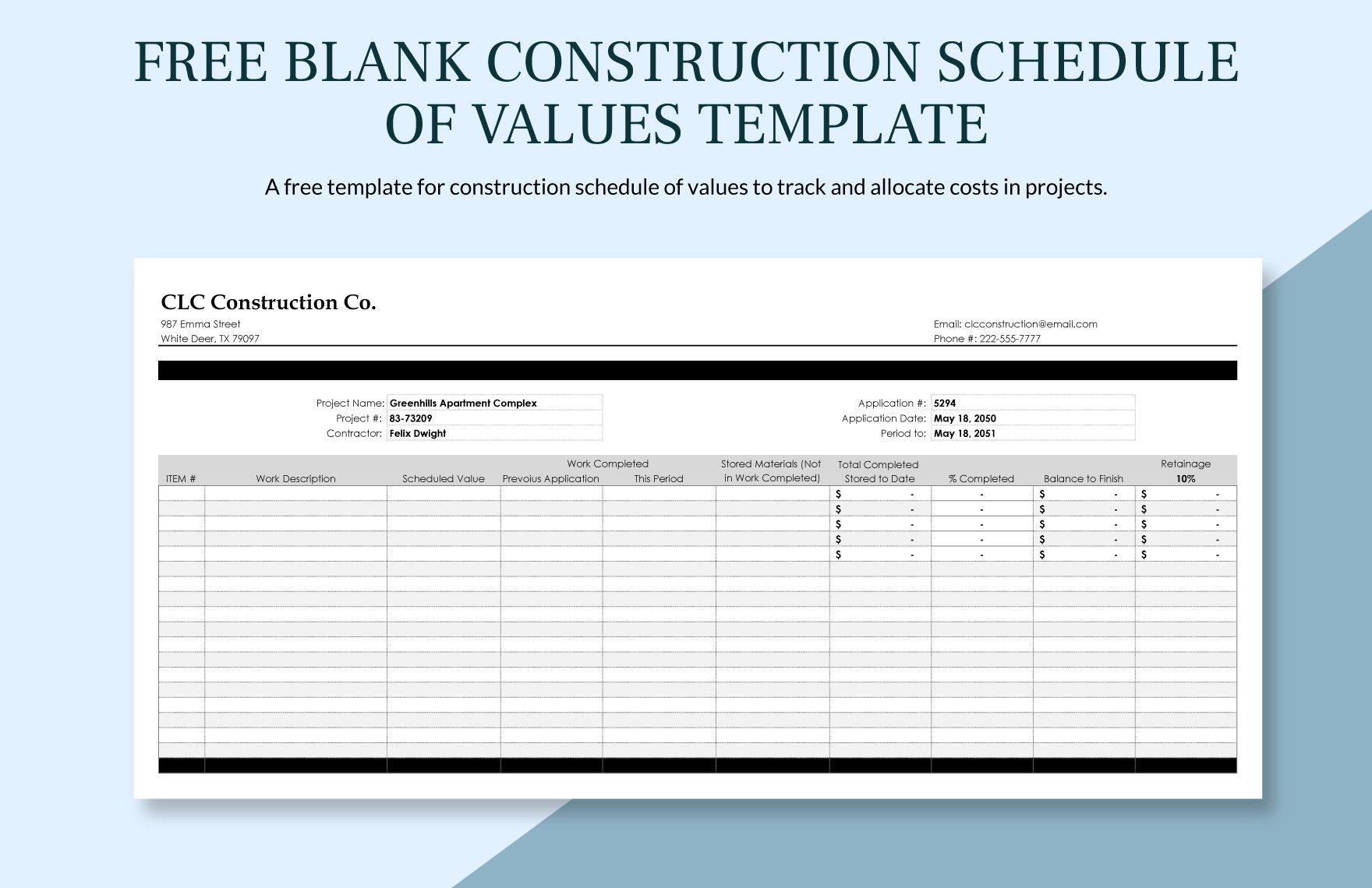 Blank Construction Schedule Of Values Template in Word, Google Docs, Excel, Google Sheets, Apple Pages