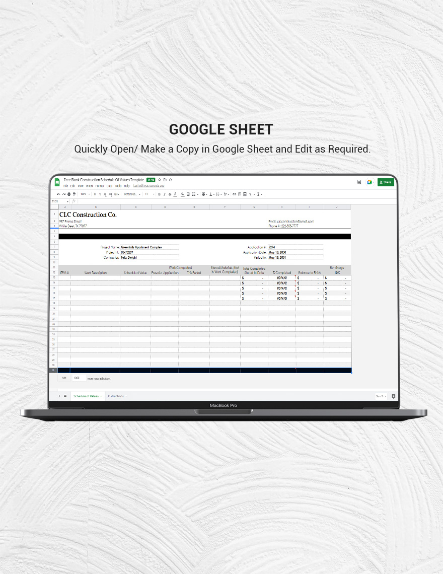 Schedule Of Values Construction Template Pdf