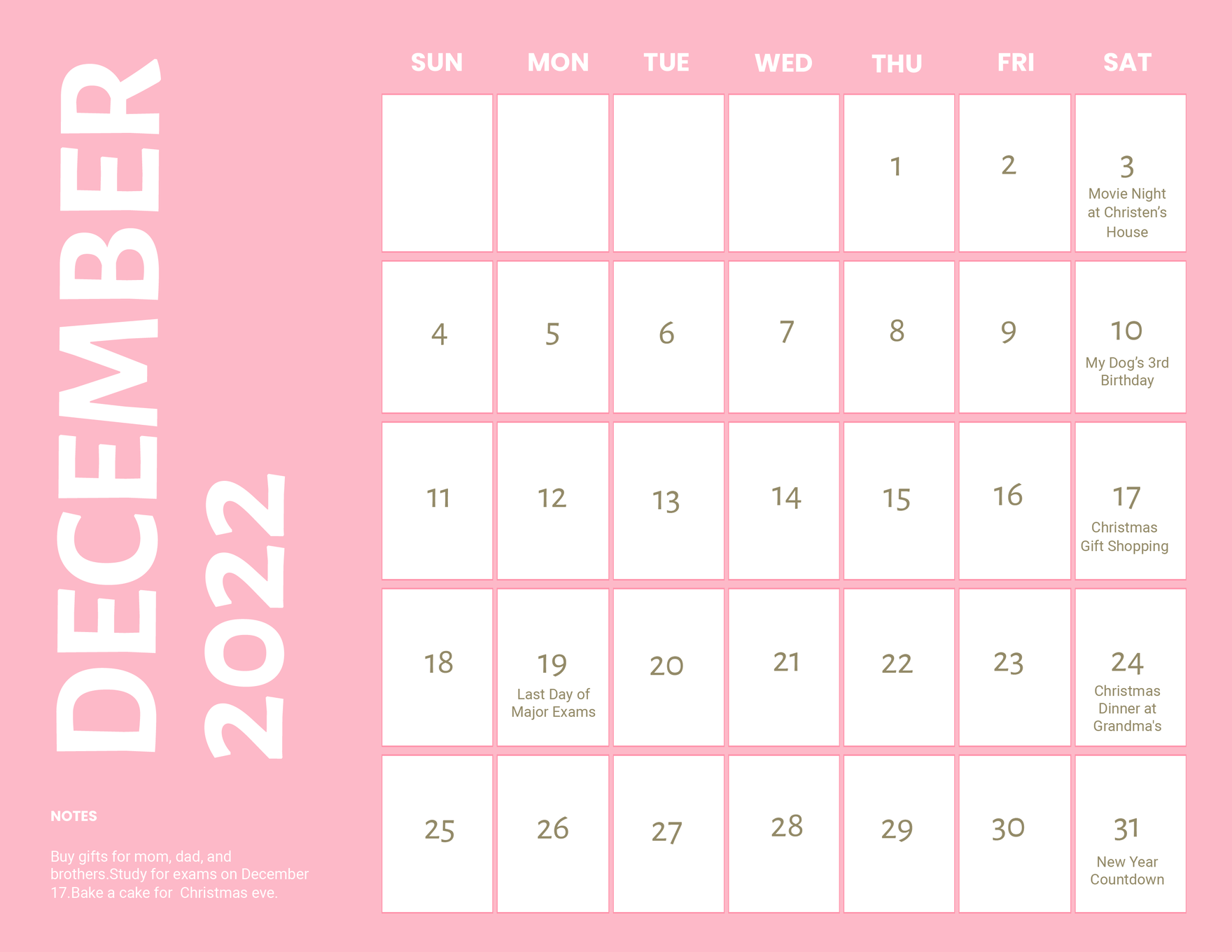 Free Blank December 2022 Calendar Template