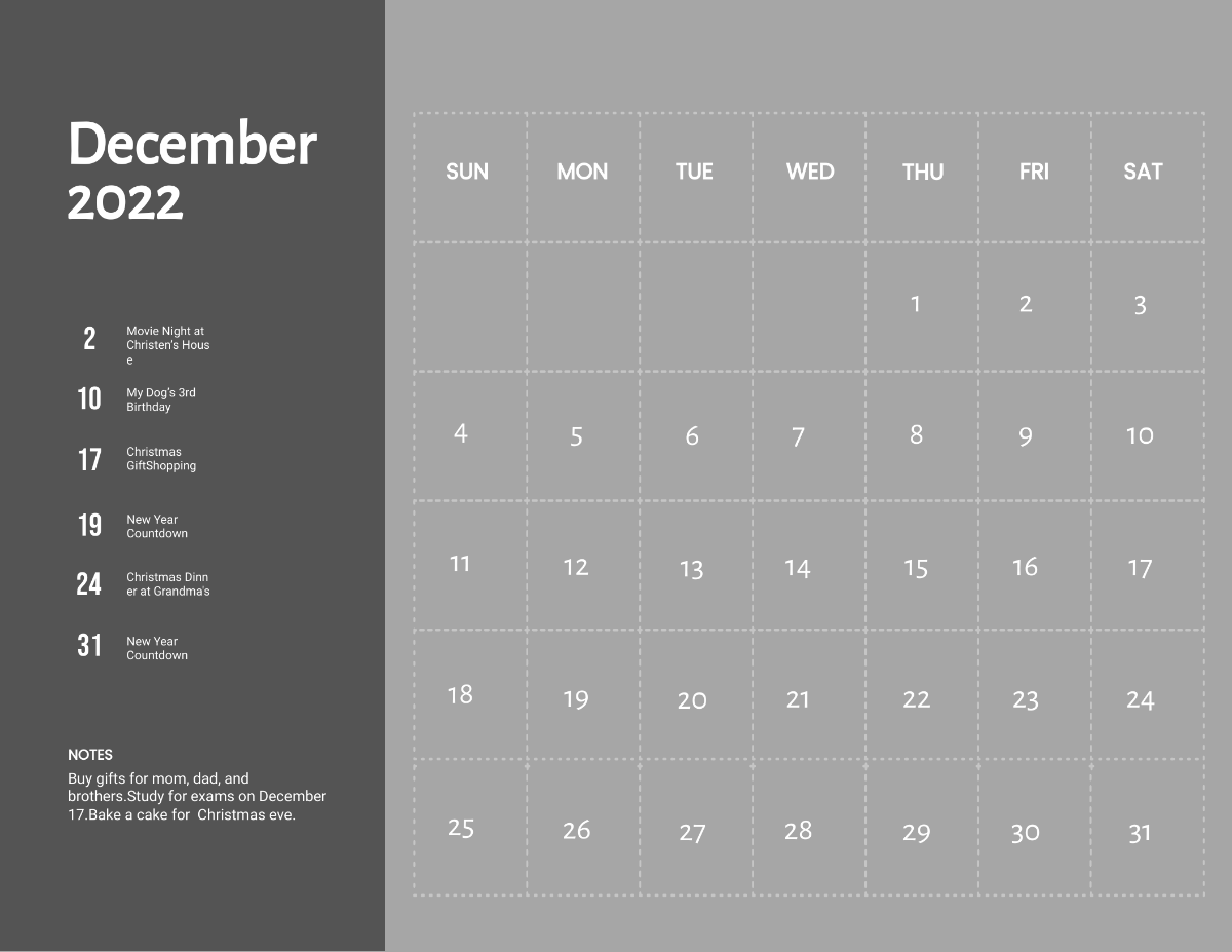 December 2022 Monthly Calendar Template