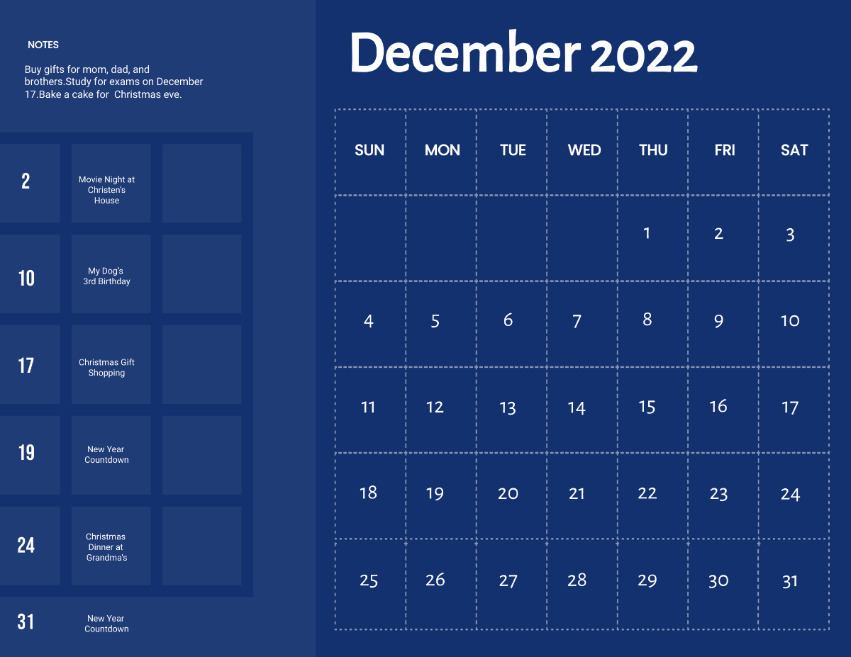 Free Blue December 2022 Calendar Template