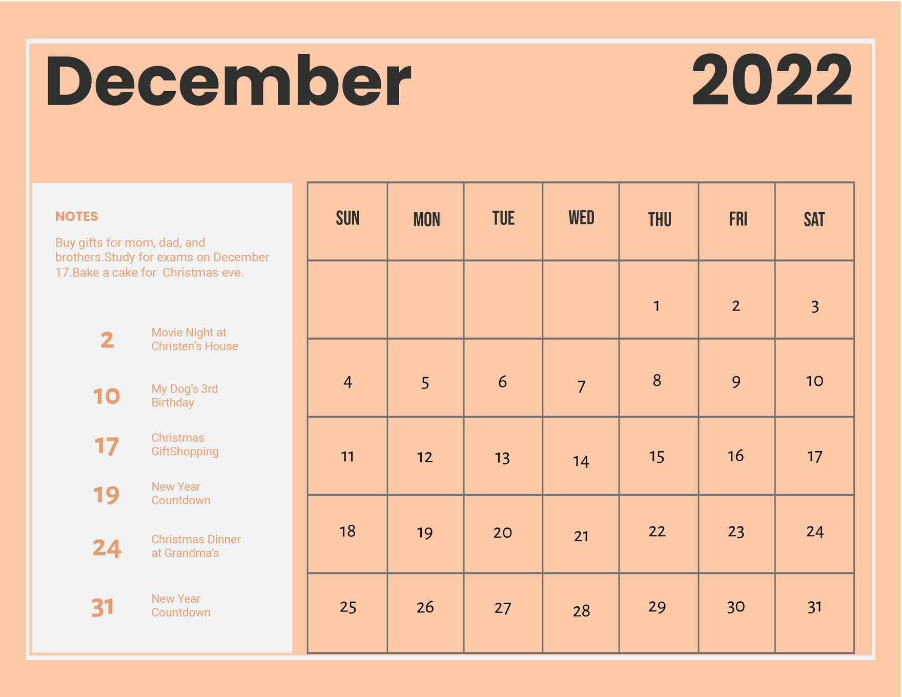 December 2022 Photo Calendar Template