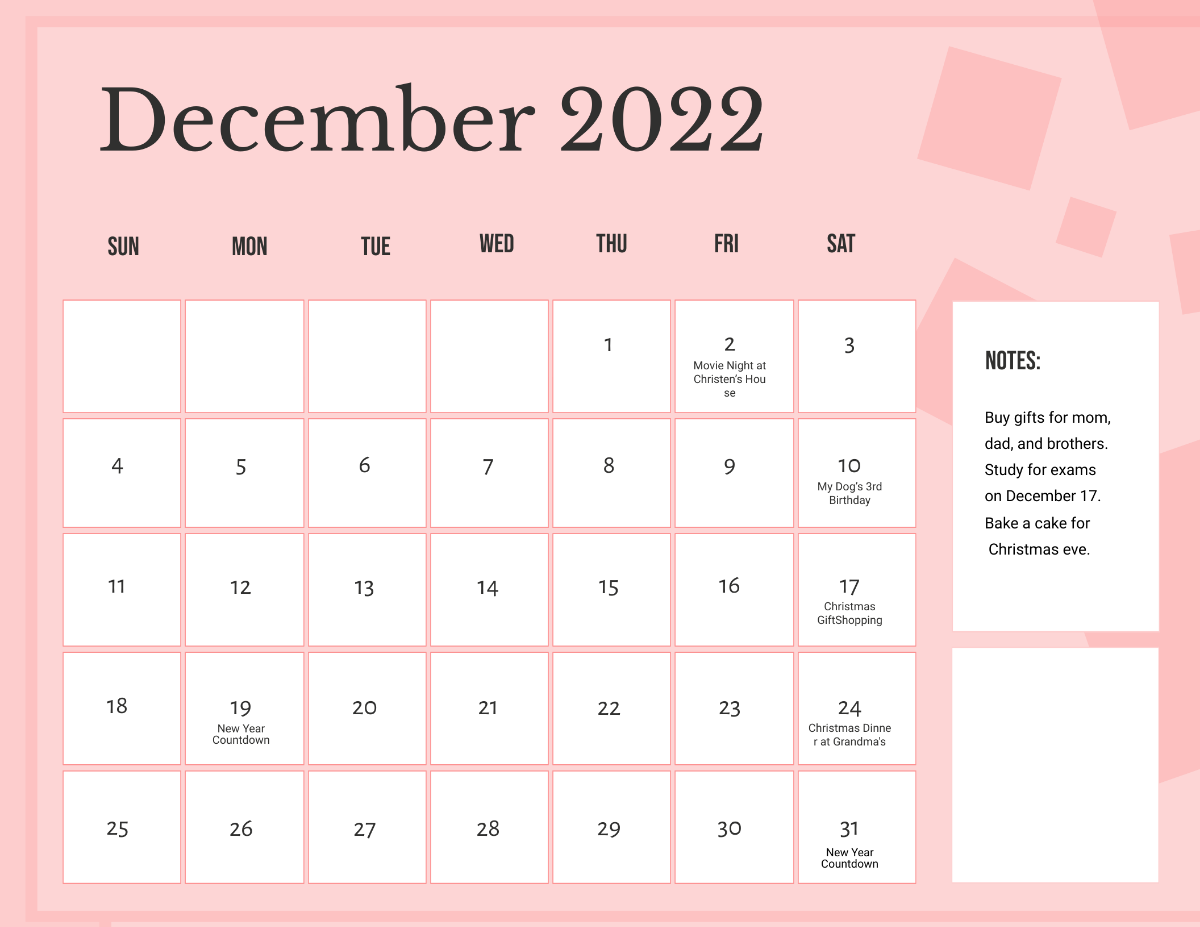 Pink December 2022 Calendar