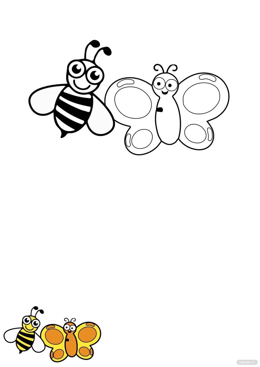 Bee And Butterfly Coloring Page in PDF