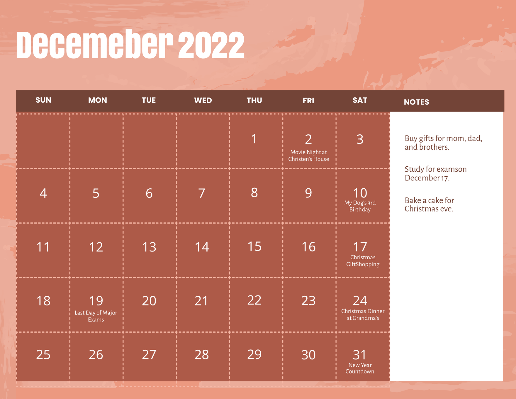 Free Simple December 2022 Calendar Template