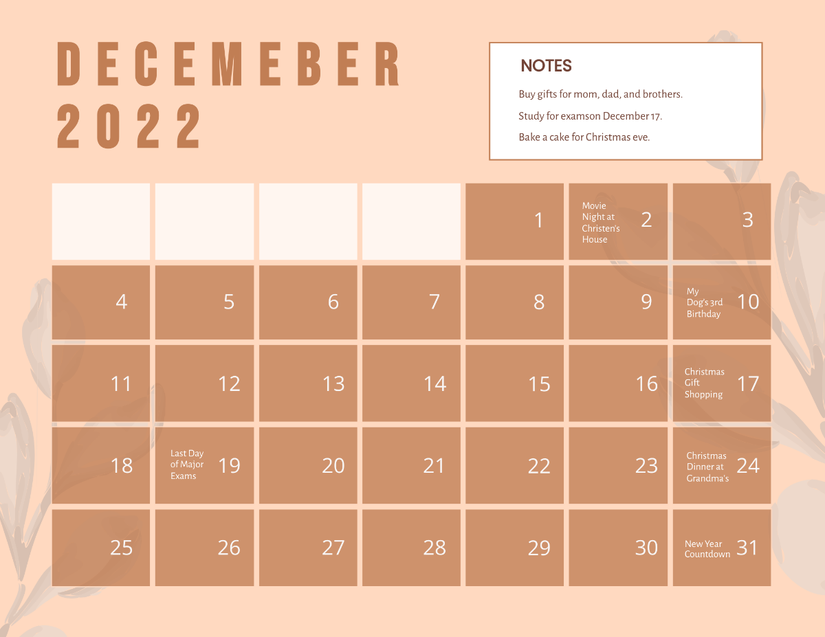Printable December 2022 Monthly Calendar Template