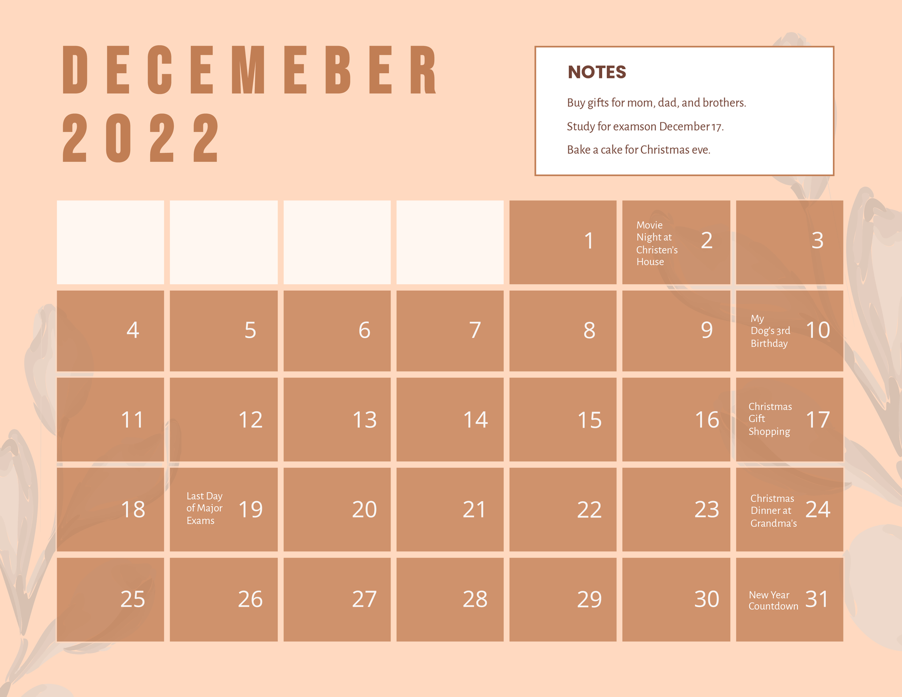 Printable December 2022 Monthly Calendar Template - Illustrator, Excel, Psd  | Template.Net