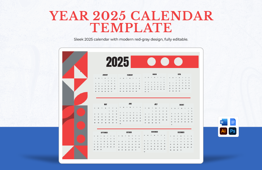 Year 2025 Calendar Template in Word, Google Docs, Illustrator, PSD