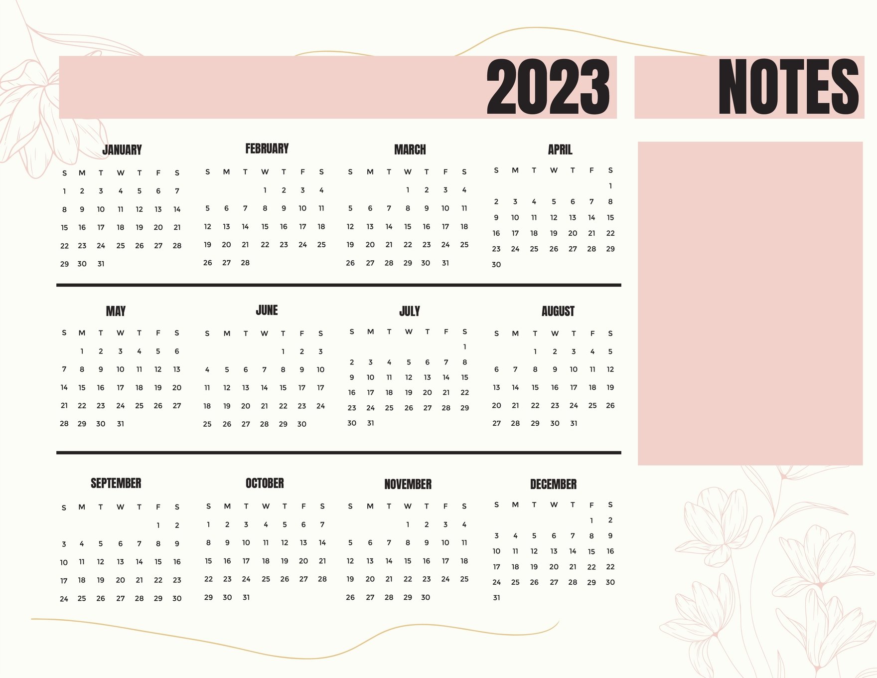 Floral Year 2023 Calendar Template