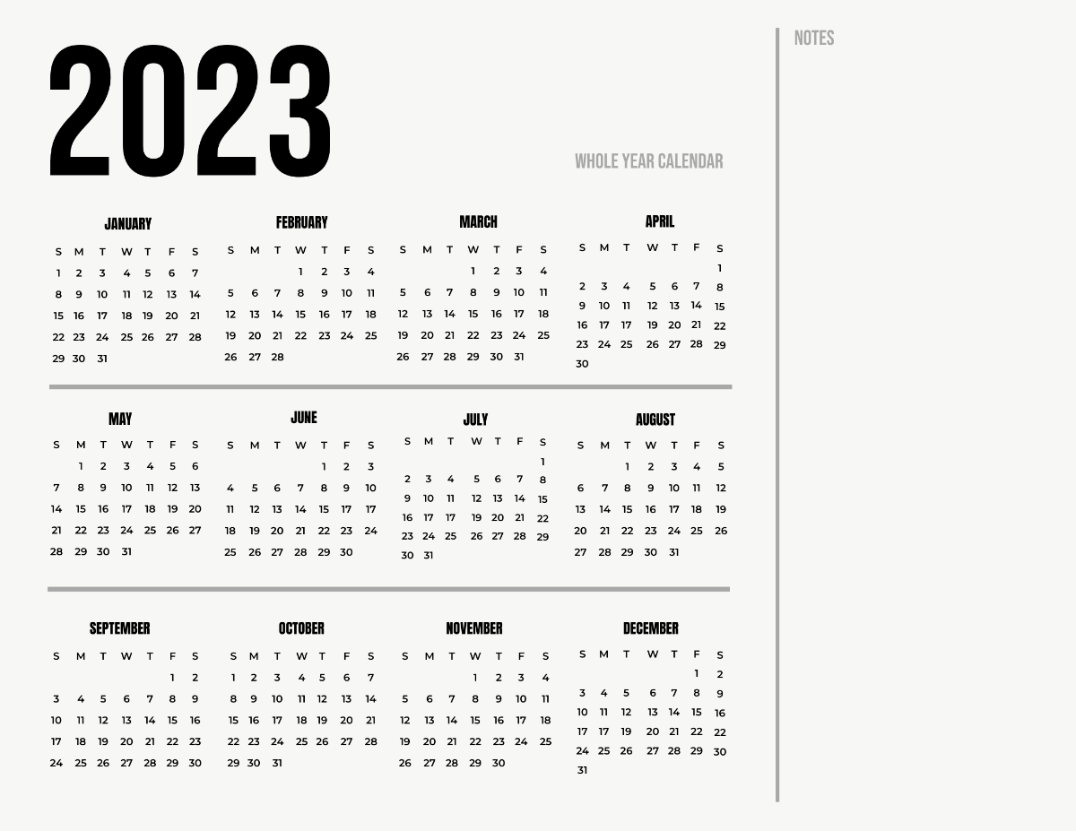 Printable Year 2023 Calendar Template