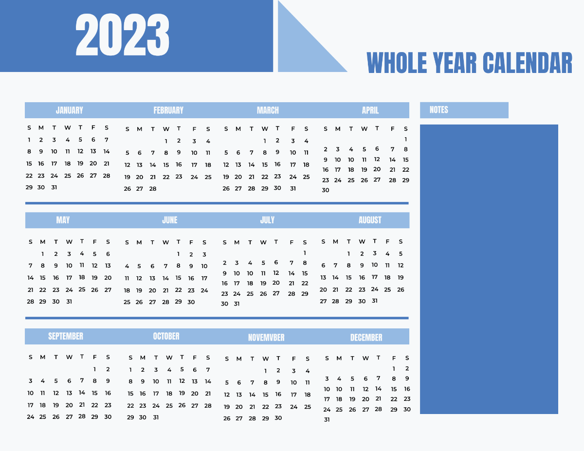 Blue Year 2023 Calendar Template