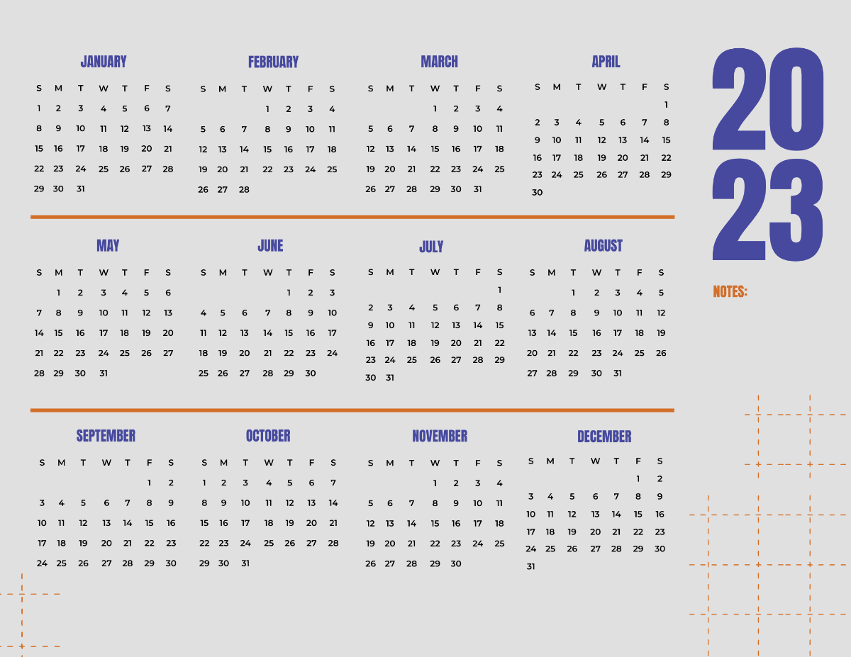 Year 2023 Monthly Calendar Template