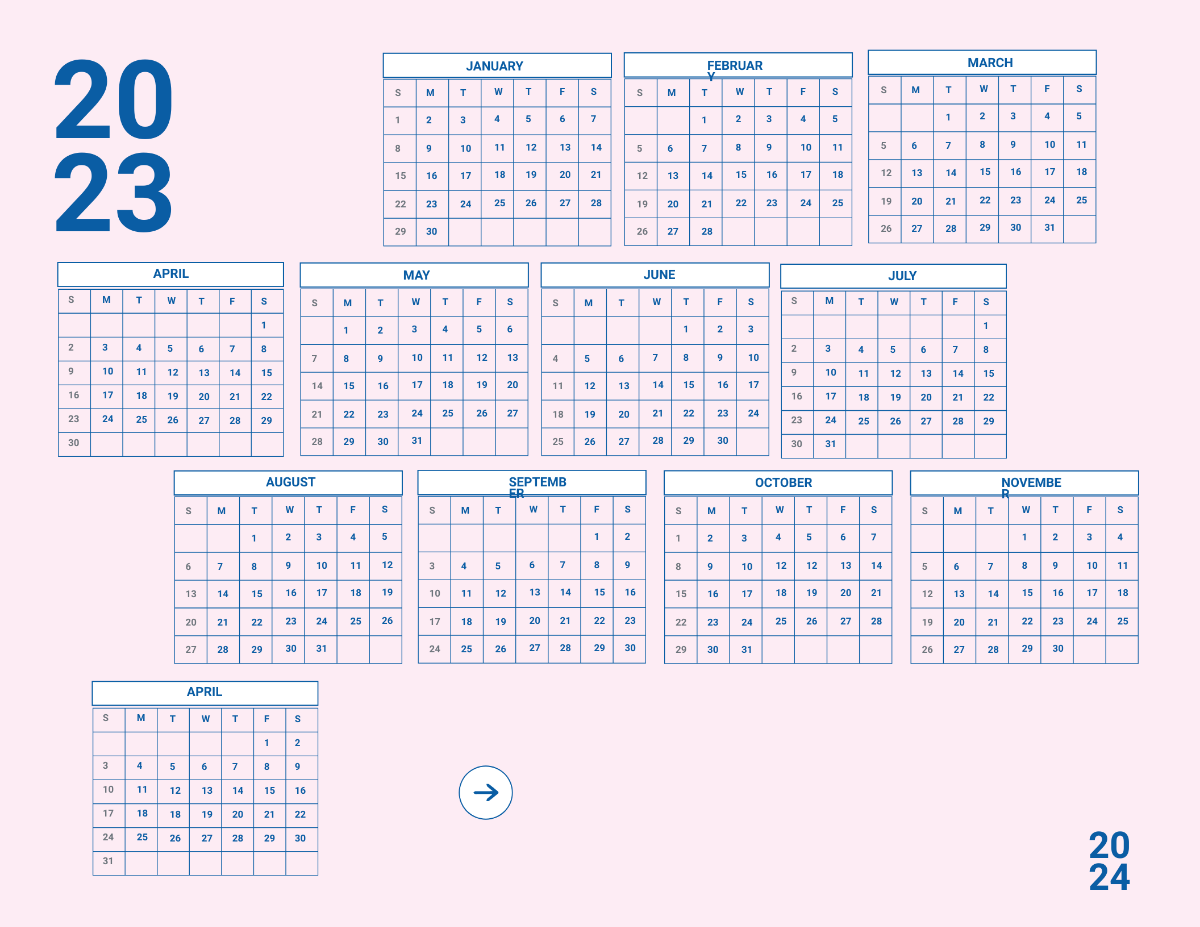 Pink Year 2023 Calendar Template