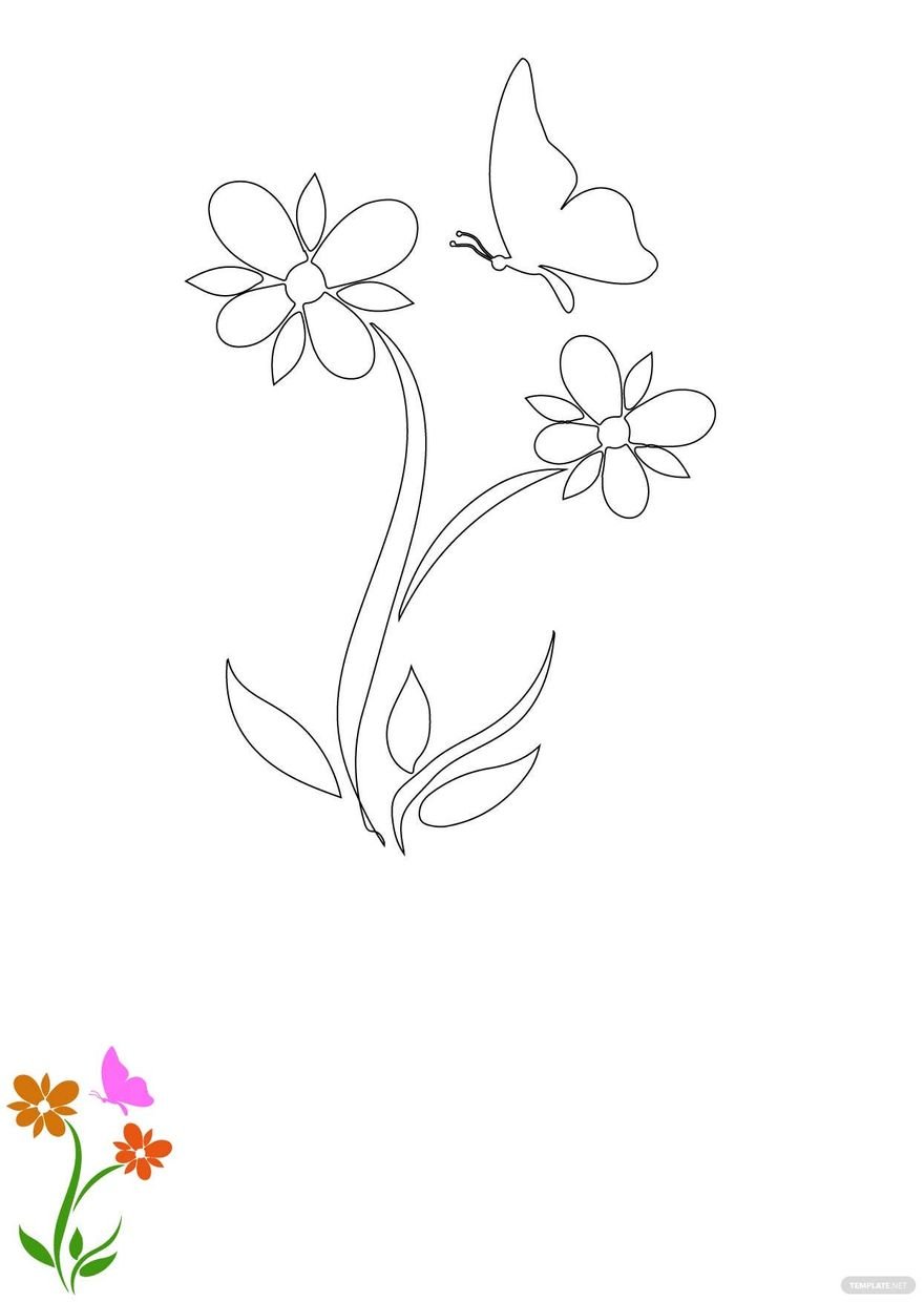 Flower Butterfly Coloring Page in PDF, EPS, JPG