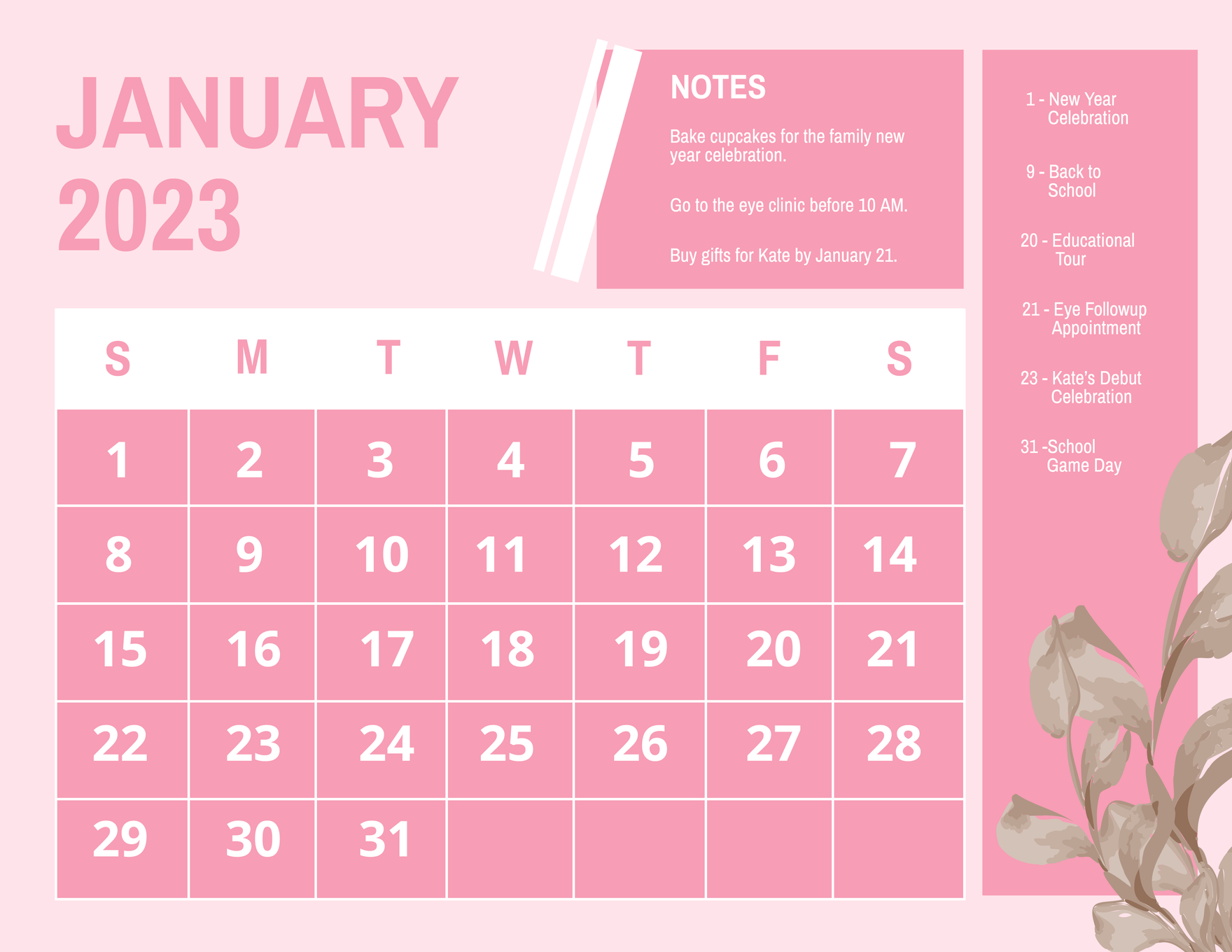 Free Printable January 2023 Calendar Template