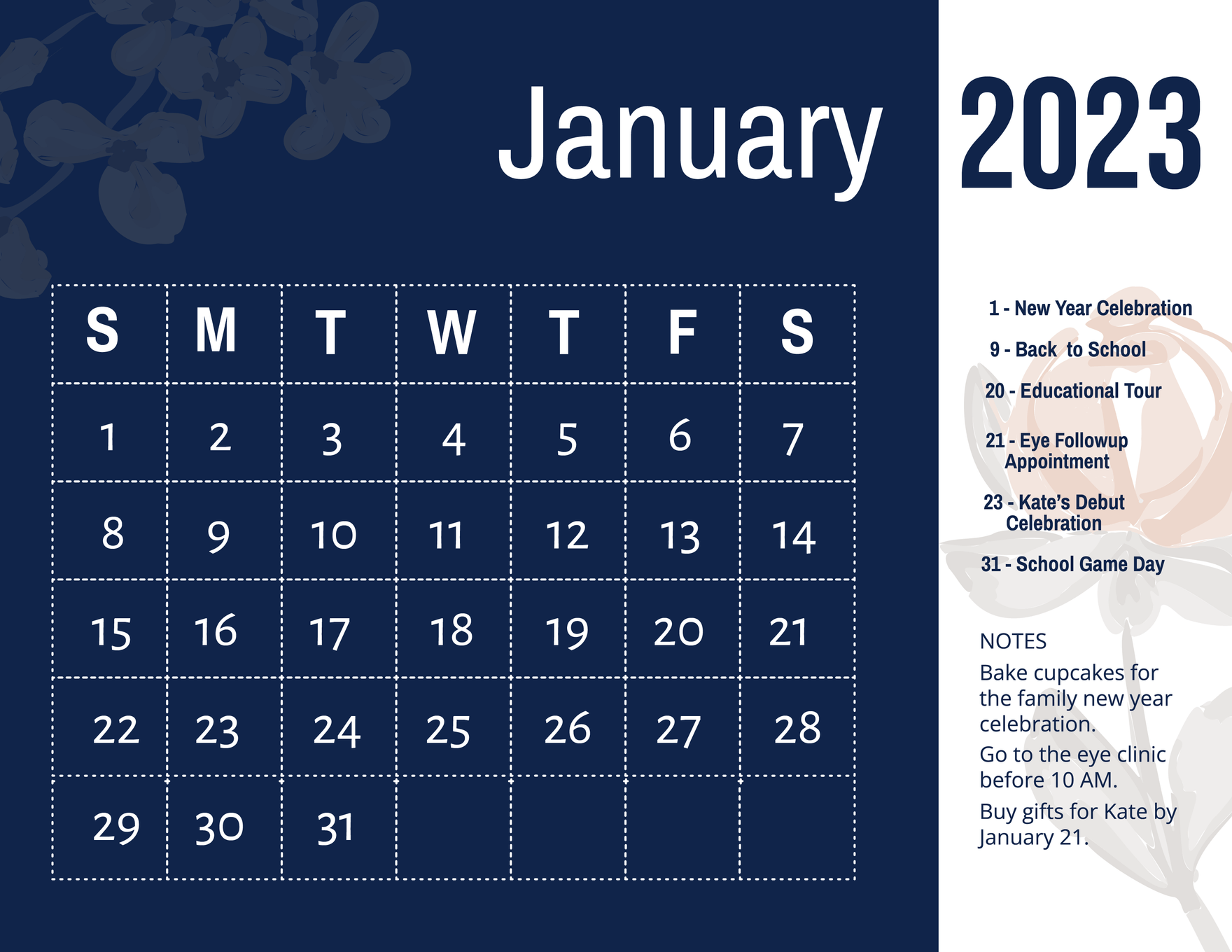 Pretty January 2023 Calendar