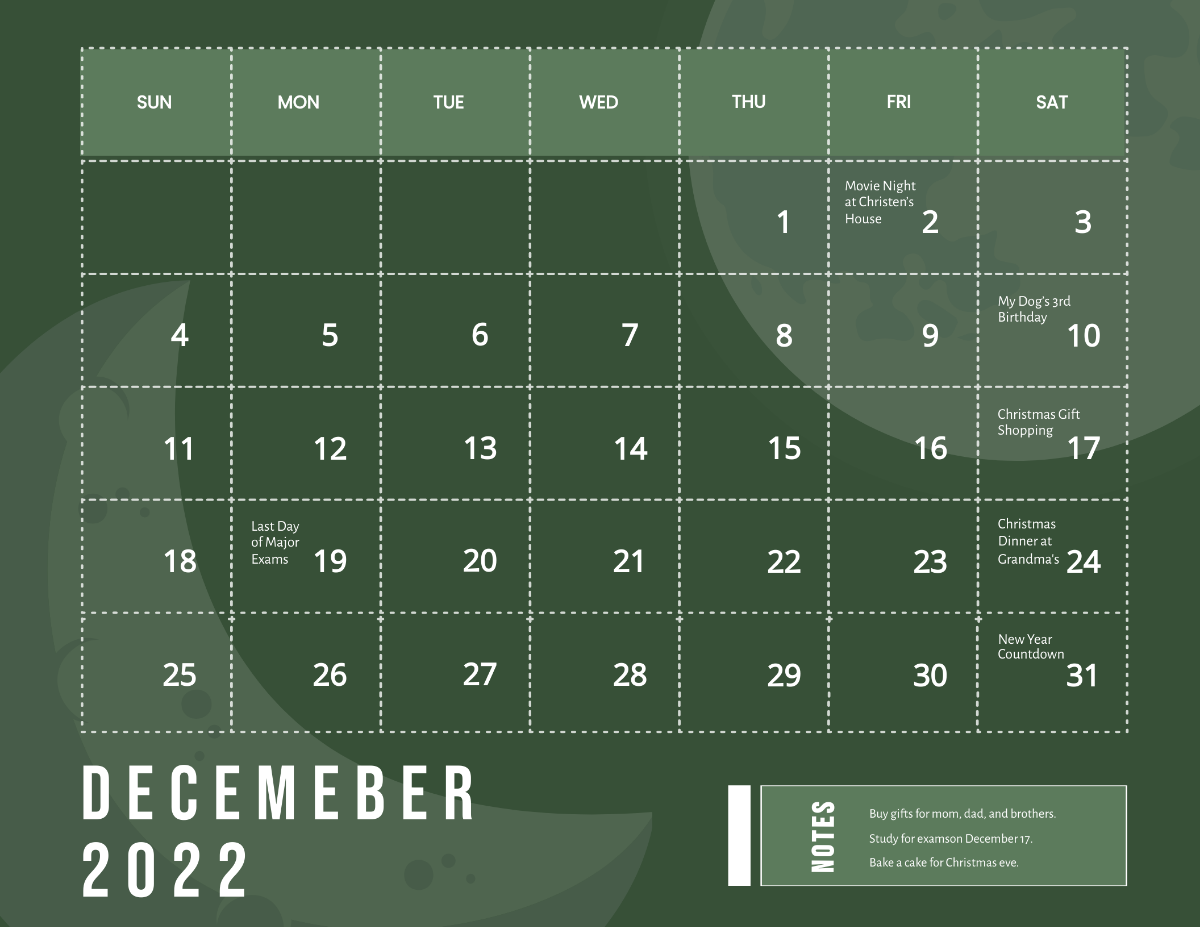 Free Lunar Calendar December 2022 Template