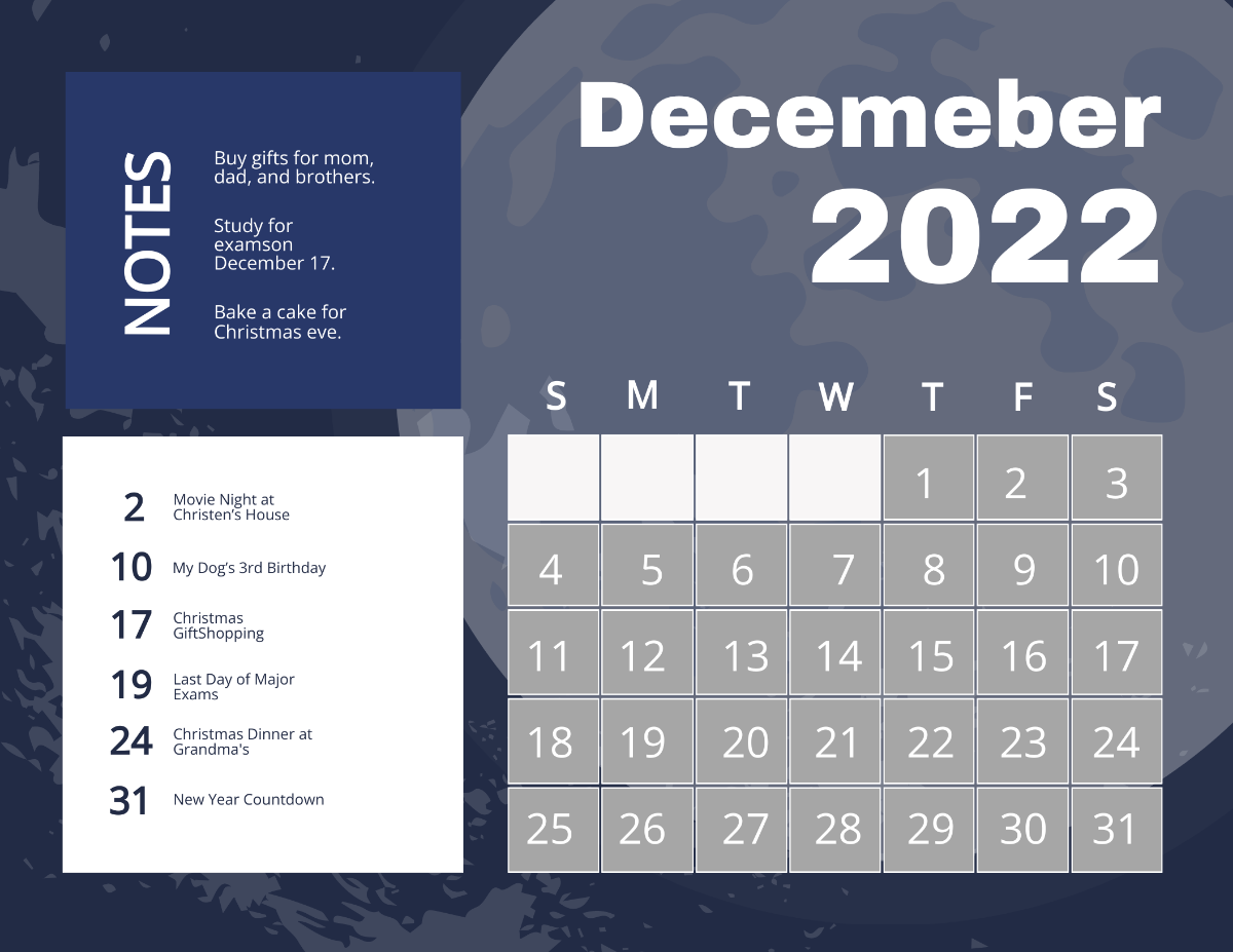 Free December 2022 Calendar With Moon Phases Template