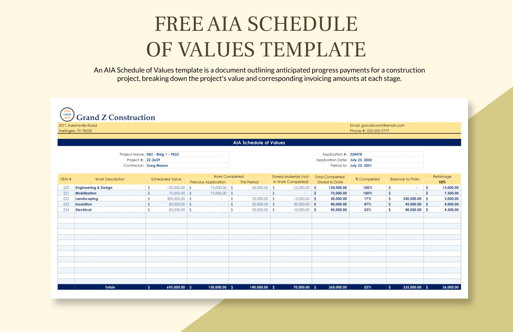 Aia Schedule Of Values Template