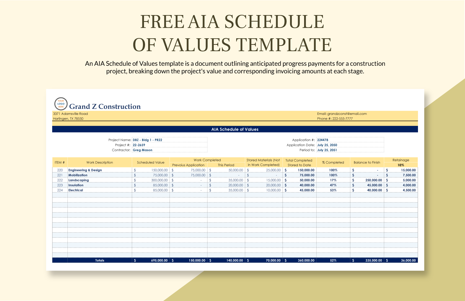 Free Aia Schedule Of Values Template in Word, Google Docs, Excel, Google Sheets, Apple Pages