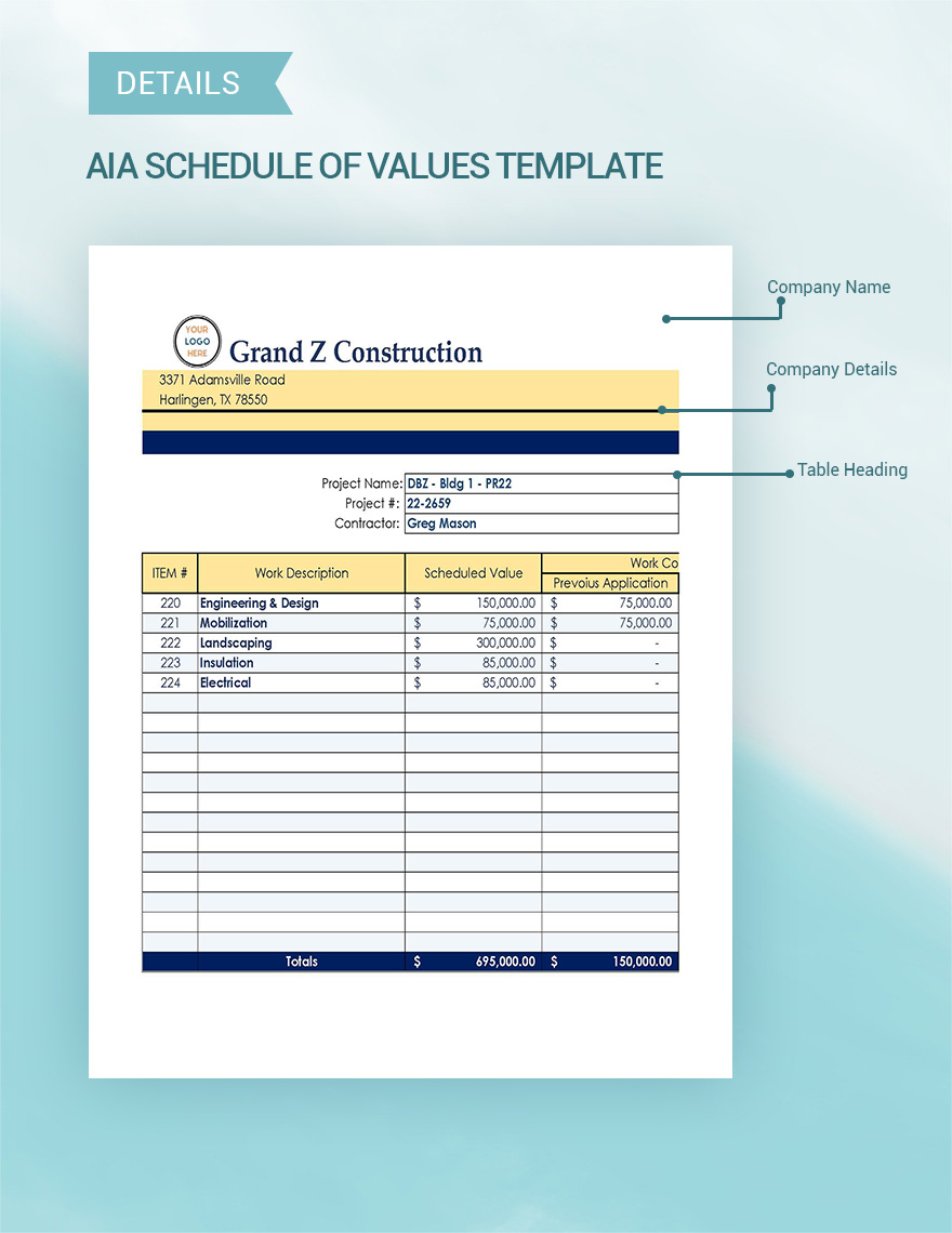 Aia Schedule Of Values Template Google Sheets, Excel