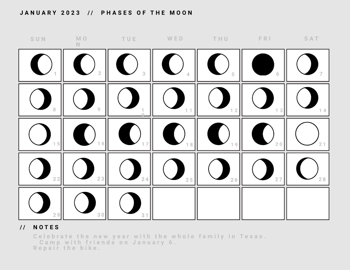 January 2023 Calendar With Moon Phases Template