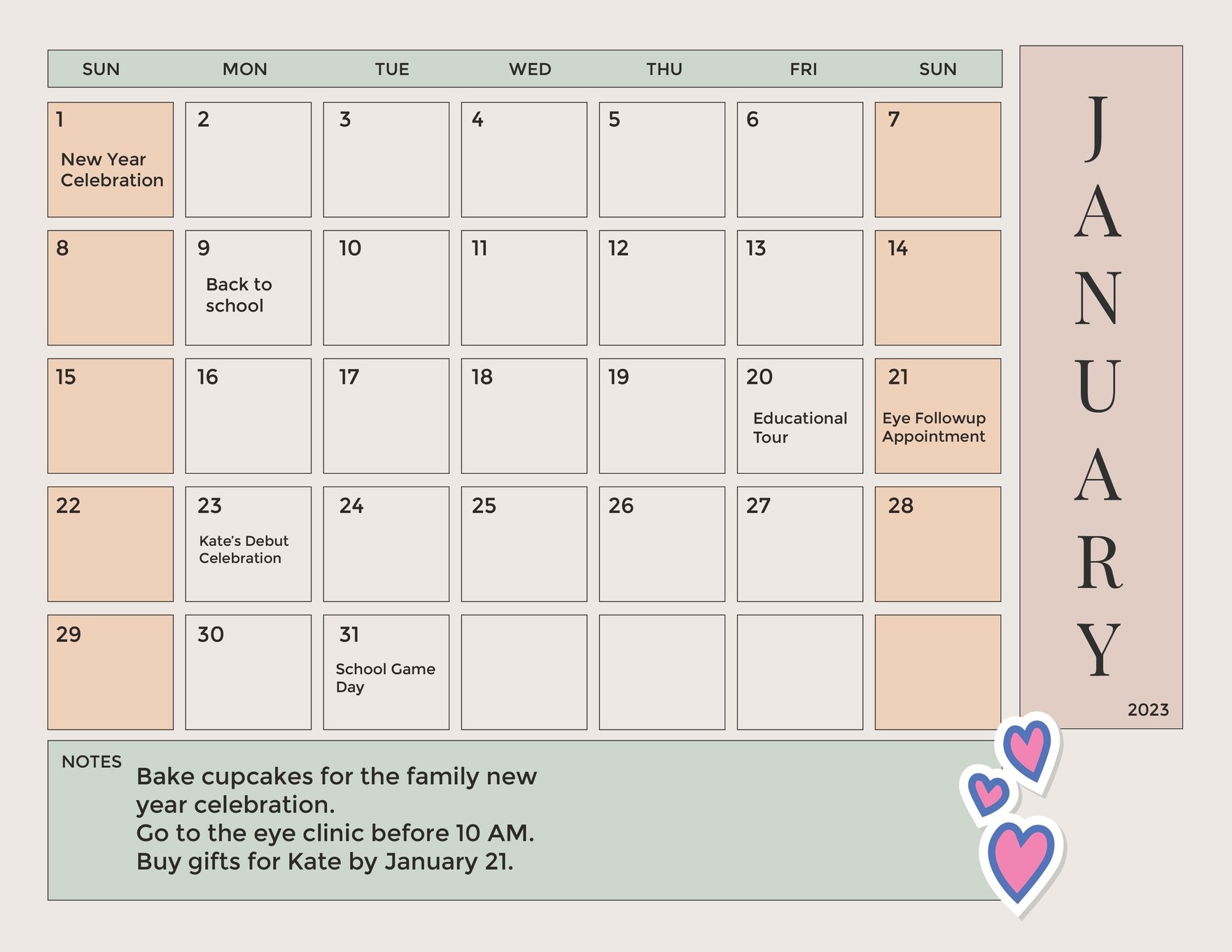 Cute January 2023 Calendar Template in Illustrator, MS Word