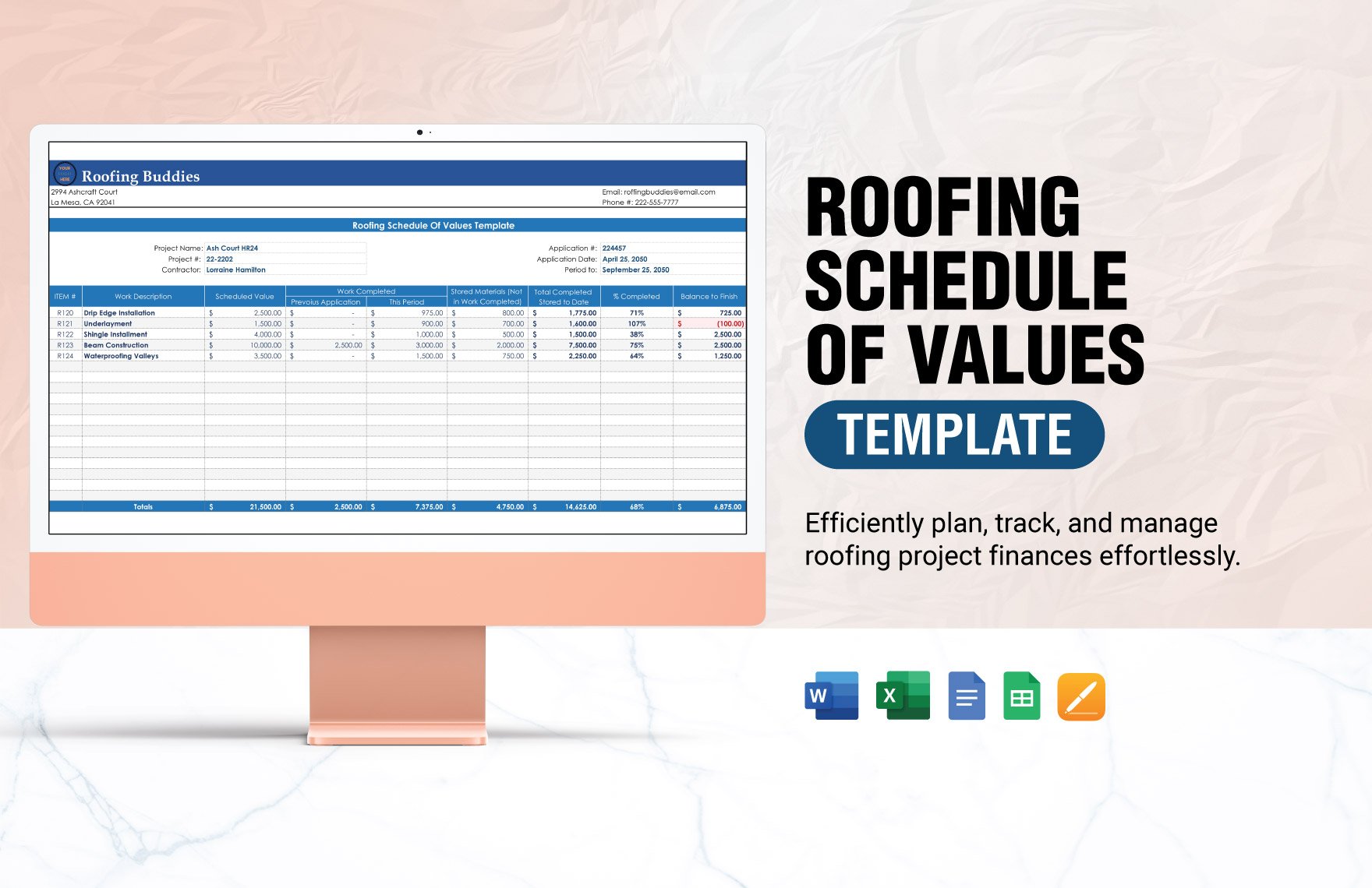 Roofing Schedule Of Values Template in Word, Google Docs, Excel, Google Sheets, Apple Pages