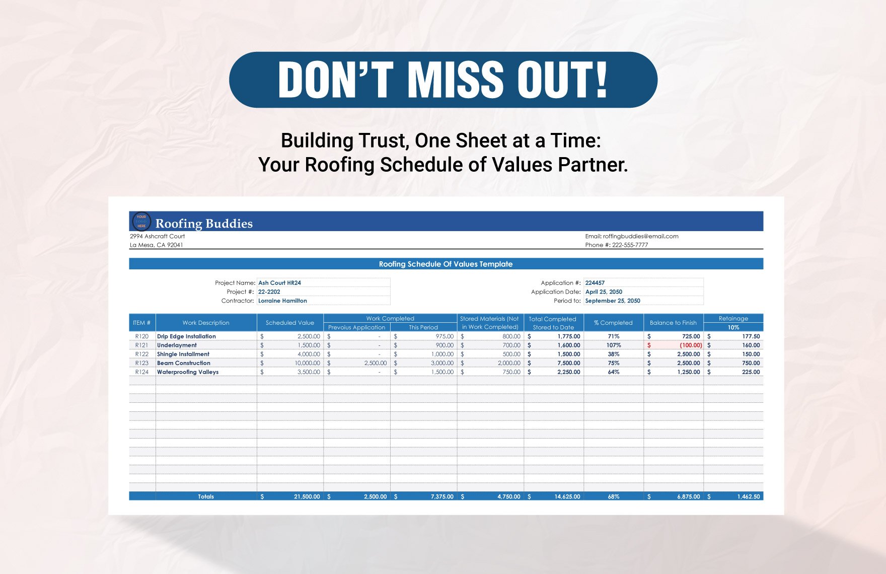Roofing Schedule Of Values Template