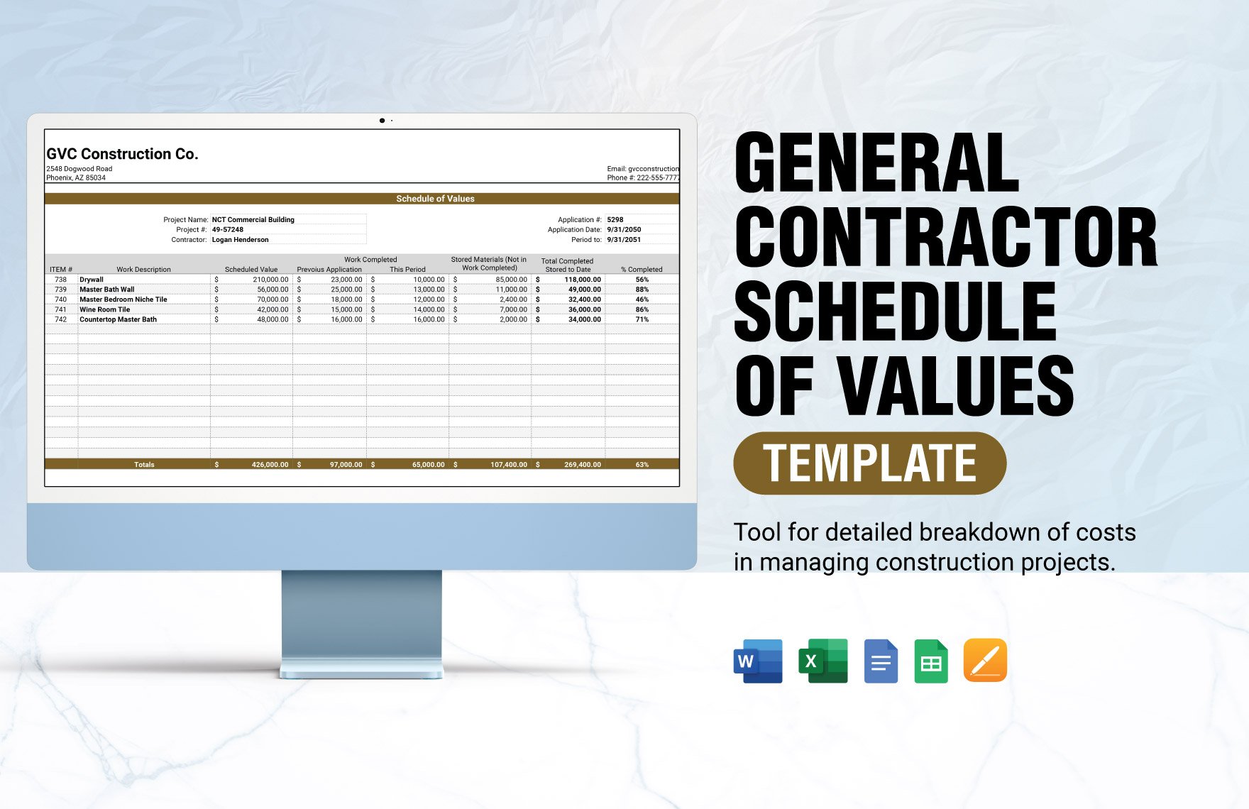 Free General Contractor Schedule Of Values in Word, Google Docs, Excel, Google Sheets, Apple Pages