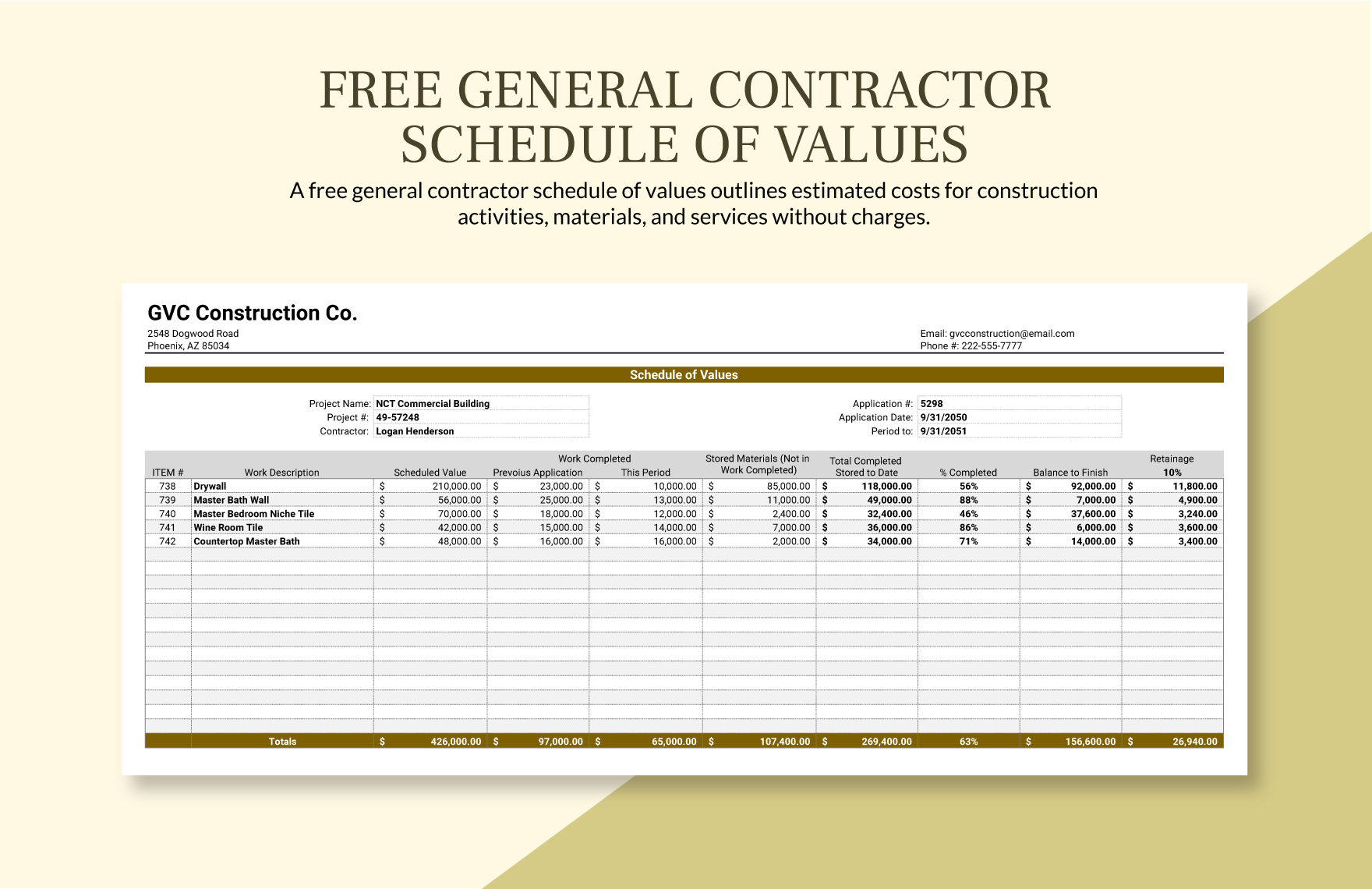 General Contractor Schedule Of Values