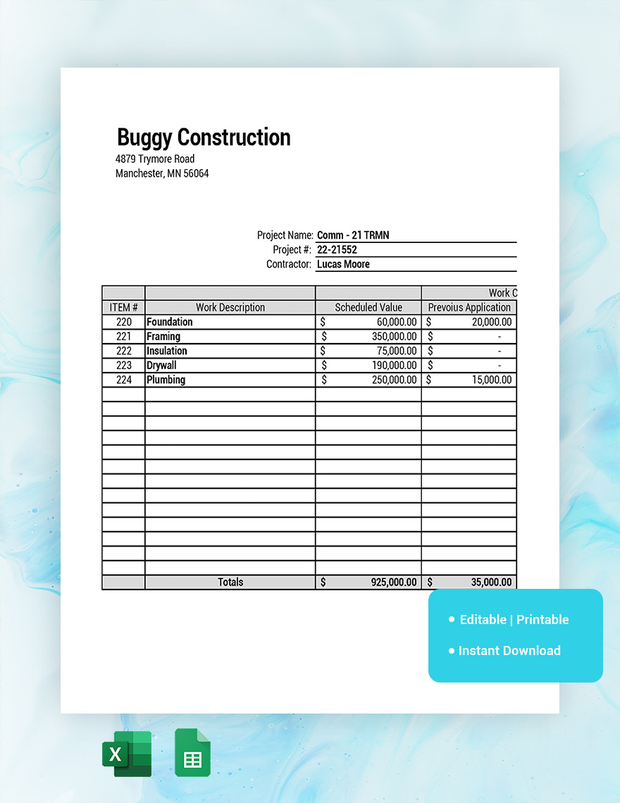 Schedule Of Values Template Free