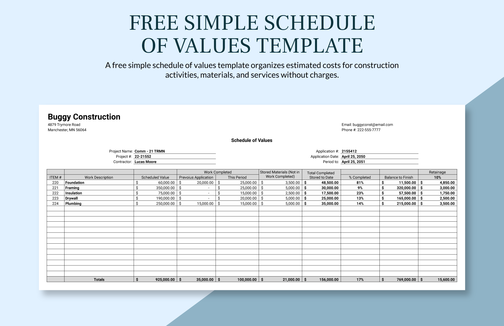 Free Simple Schedule Of Values Template