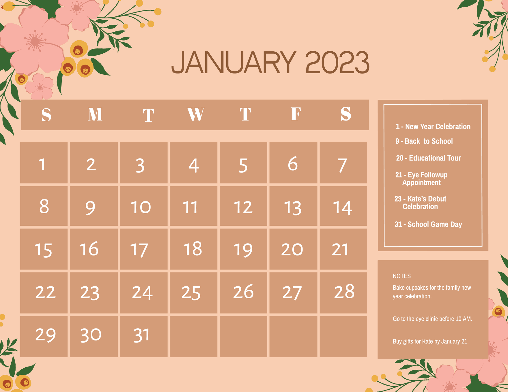 Colorful January 2023 Calendar in Word, Illustrator, PSD
