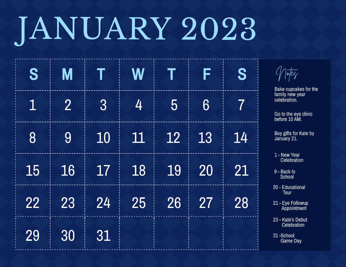 Blue January 2023 Calendar Template