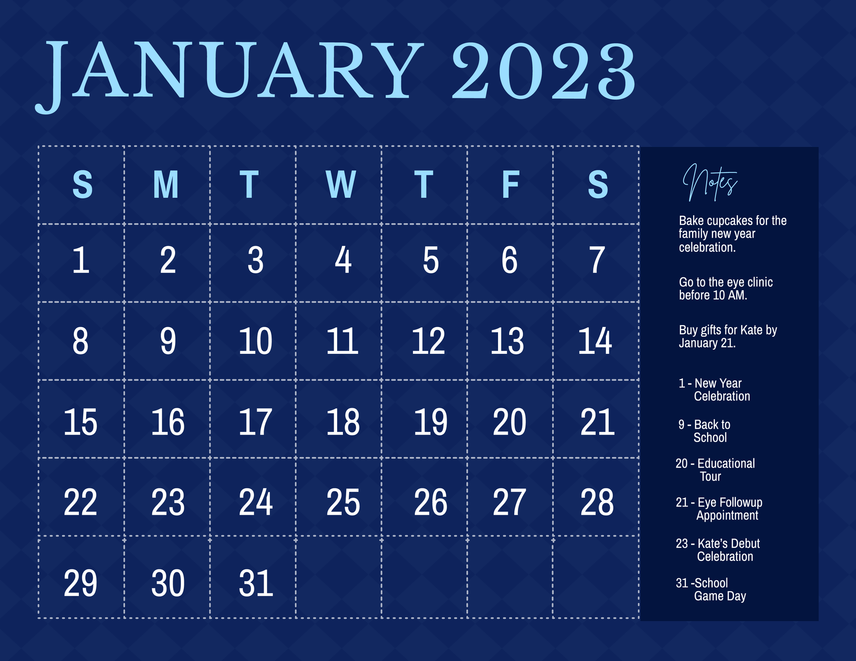 Blue January 2023 Calendar Template in PSD, Illustrator, Word