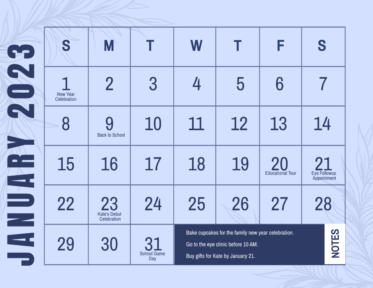 vJanuary 2023 Monthly Calendar Template