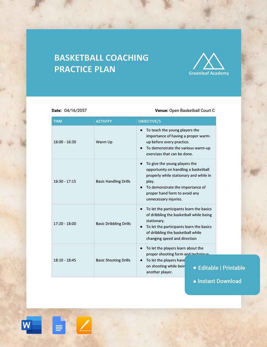 Basketball Coaching Practice Plan Google Docs, Word, Apple Pages