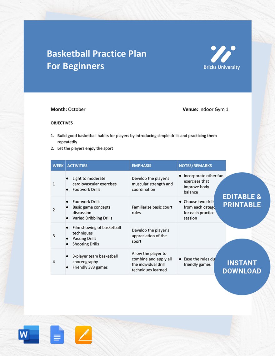 Basketball Practice Plan Template for Beginners Google Docs, Word