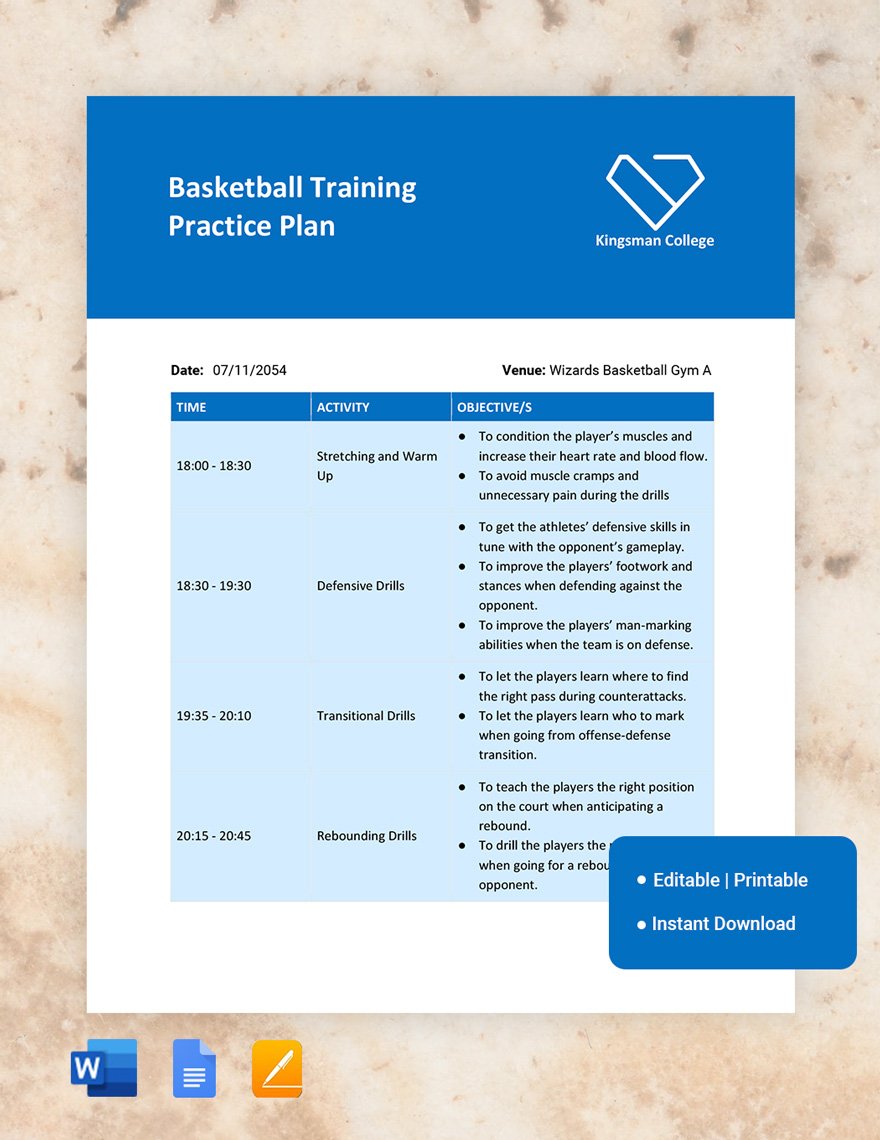 Basketball Training Practice Plan Google Docs, Word, Apple Pages